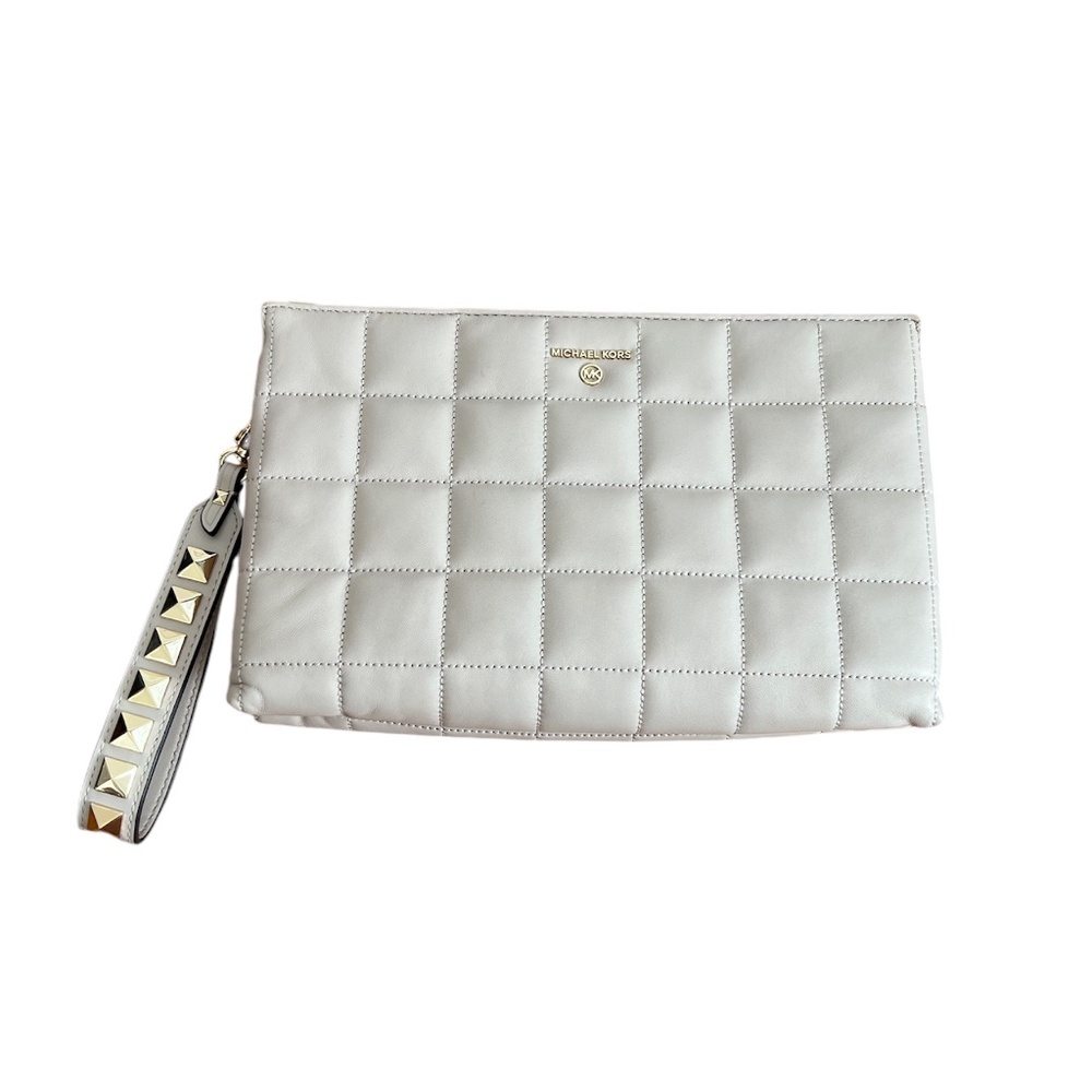 MK Michael Kors Beige Leather Stitch Studded Wristlet Clutch Bag